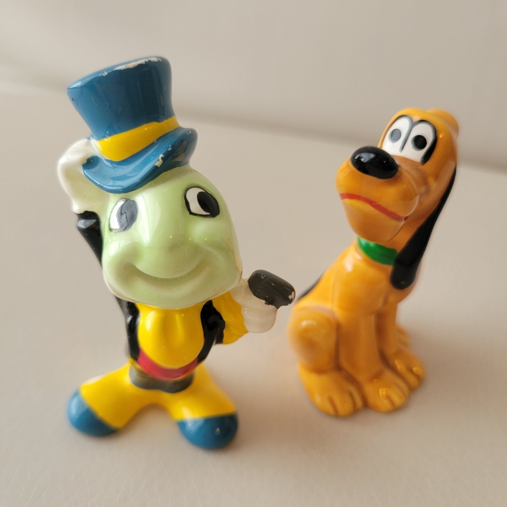 Walt Disney Jiminy Cricket & Pluto Vintage Porcelain (?) Figurines Cute ~ Flaw*